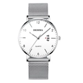 Minimalist men's quartz watch with silver steel mesh strap and white calendar dial - Silver Mesh Black Case White Dial
