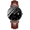 Slim men's quartz watch with black dial and brown litchi leather strap and date display - Brown Leather Black Case Black Dial