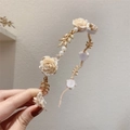 Französischer Haarreif mit cremefarbenen Rosen, Perlen und goldenen Blättern - Französisches Vintage Rosen Perlen Stirnband (12# Goldenes Stirnband)