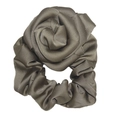 Taupe satin hair scrunchie featuring a large rose flower design for women - Brown