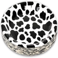 Stack of round paper plates with black and white cow print for farm theme party decoration - 9 inch 10pcs