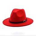 Classic red wool fedora hat with wide brim and black leather belt buckle accent - M (56-58cm) / Red