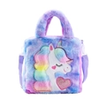 Close-up of rainbow plush unicorn shoulder bag with soft faux fur and embroidery details - Violet