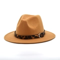 British style camel wool fedora hat with leopard print belt and silver metal buckle - M(56-58cm) / Camel