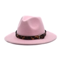 Pink wool fedora hat with a trendy leopard print band and metal buckle for women - M(56-58cm) / Pink