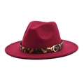Burgundy wide brim wool fedora hat with leopard print belt buckle for men and women - M(56-58cm) / Burgundy