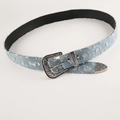 Vintage denim belt with floral engraved metal buckle and shimmering sequins detail - Light Blue Denim Vintage Carved Style (866)