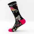 Black crew socks with vibrant floral patterns and pink contrast toe and heel sections - One Size (38-43) / Black Floral
