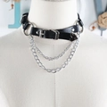 Punk black leather choker necklace featuring double silver chains and a heart pendant - Heart Choker and Leg Ring Set / Black