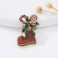 Festive Christmas boot brooch featuring red and green rhinestones in a gold alloy base - Christmas Shoes