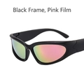 Matte black wraparound sports sunglasses with pink and green reflective mirrored lenses - Black Frame Pink Mirror