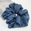 Oversized navy blue satin scrunchie with silky pleated texture for hair accessories - Blue Grey