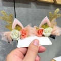 Pair of cute Christmas reindeer antler hair clips with pink felt ears and sequins - 24 Gold Antler with Pink Flowers and Tulle Pair