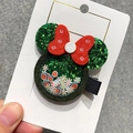 Christmas Minnie-style hair clip with green glitter, red bow, and festive sequins - 14 Green Quicksand Mouse Head Clip