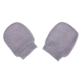 Detailed close-up of purple and white striped soft knitted baby anti-scratch mittens - Purple White