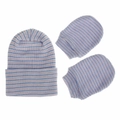 Detail of pink and blue striped knit cotton baby hat and mittens set for newborns - Blue Pink White