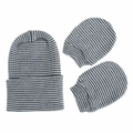 Detailed view of grey and black striped knitted baby hat and mittens set for newborns - Black and White