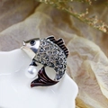 Detailed view of silver fish brooch with grey rhinestones, white pearl, and red enamel - DY16-Red Tail Pearl Fish