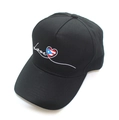 Detail shot of black cotton baseball cap showing Love text and Puerto Rico flag heart - Love Heart Puerto Rico