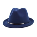 Deep blue wool fedora hat with a black decorative band and minimalist gold metal buckle - M / Navy Blue