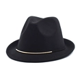 Classic black wide-brim wool fedora hat with a minimalist thin gold metal band detail - M(56-58cm) / Black