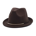 Detail of dark brown felt fedora featuring a thin black cord and gold metal trim accent - M / Coffee