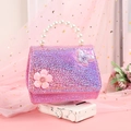 Pink glitter kids handbag with pearl handle plus flower and butterfly ornaments - Light Pink