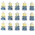 Macro view of fifteen resin gummy bear pendants with yellow-blue gradient and glitter - Yellow Blue Glitter Bear