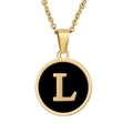 18K gold plated round pendant necklace with black enamel inlay and letter L charm - Black Enamel Letter L