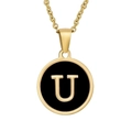 18K gold plated stainless steel shell necklace featuring a black enamel letter U pendant - Black Enamel Letter U
