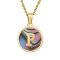 Golden 18K titanium steel necklace with a round initial P pendant in colorful shell finish - Colorful Abalone Shell Letter P