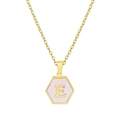 Gold hexagon necklace with pink shell inlay and capital letter E pendant - Letter E (Gold/With Chain)