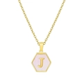 Hexagon gold necklace featuring a pink enamel inlay and letter J pendant design - Letter J (Gold/With Chain)