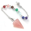 Pink crystal hexagonal cone chakra necklace with seven natural stone beads on a silver chain - Rose Quartz With 7 Bead Chain