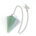 Macro shot of green aventurine hexagonal crystal pendulum pendant with silver chain detail - Green Aventurine + Bead Chain