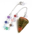 Macro view of Unakite stone pendulum pendant with colorful seven chakra beads and metal ball - Unakite With 7 Chakras Bead Chain