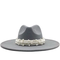 Elegant grey wool fedora hat with wide brim and multi-layer pearl decorative band - M (56-58cm) / Light Gray