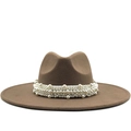 Elegant brown wool fedora with multi-layer pearl band decoration on a white background - M (56-58cm) / Dark Khaki