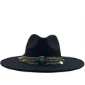Black wool felt wide brim fedora hat with ethnic embroidered band and turquoise stone - M (56-58cm) / Solid Black