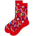 Men's cotton crew socks featuring a vibrant rainbow pattern on a bright red background - Red Rainbow
