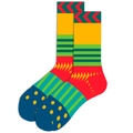 Men's cotton crew socks featuring colorful geometric patterns with red chevrons and dots - Geometric Combo