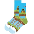 Men's cotton crew socks featuring retro pixel art patterns of game earth blocks and coins - Classic Game