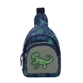 Dunkelblaue Kinder Umhängetasche mit grünem Dino-Print und Cartoon-Gummipatch - T-Rex-Aufnäher / Blau