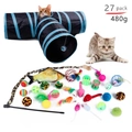Lot de 27 jouets pour chats incluant tunnel pliable bleu et noir, cannes à pêche et souris - Ensemble N° 5