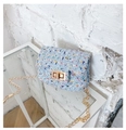 Detail of blue tweed mini crossbody bag for girls with gold chain strap and turn-lock - Blue
