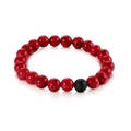 Elastic beaded bracelet with red marbled stone beads and a matte black lava bead accent - Red Turquoise Pattern Style (KB127534-Z)