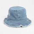 Detail view of washed denim bucket hat with distressed edges and frayed brim texture - One Size / Medium Blue & White