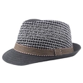 Kids' straw jazz hat featuring two-tone grey and white woven grid with brown ribbon band - 58cm / Black