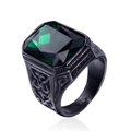 Vintage men's black titanium steel ring featuring emerald-cut green stone and relief patterns - US 8 / Dark Green Stone