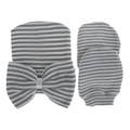 Set de gorro y mitones para recién nacido con rayas grises y un gran lazo decorativo. - Gris/Blanco